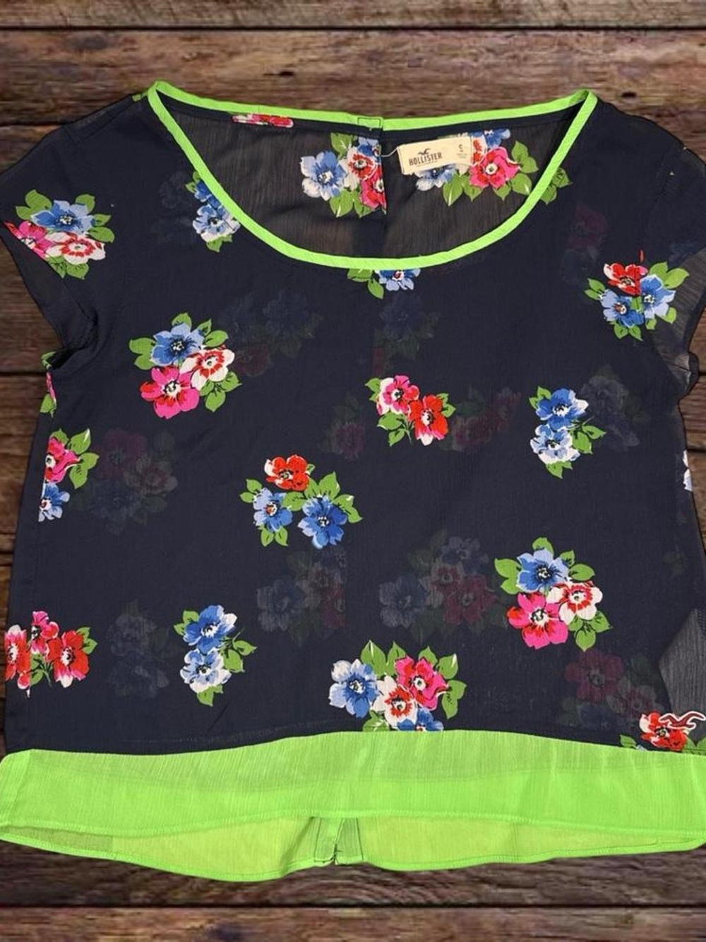 Hollister Black Floral Sheer Top with Neon Green Trim